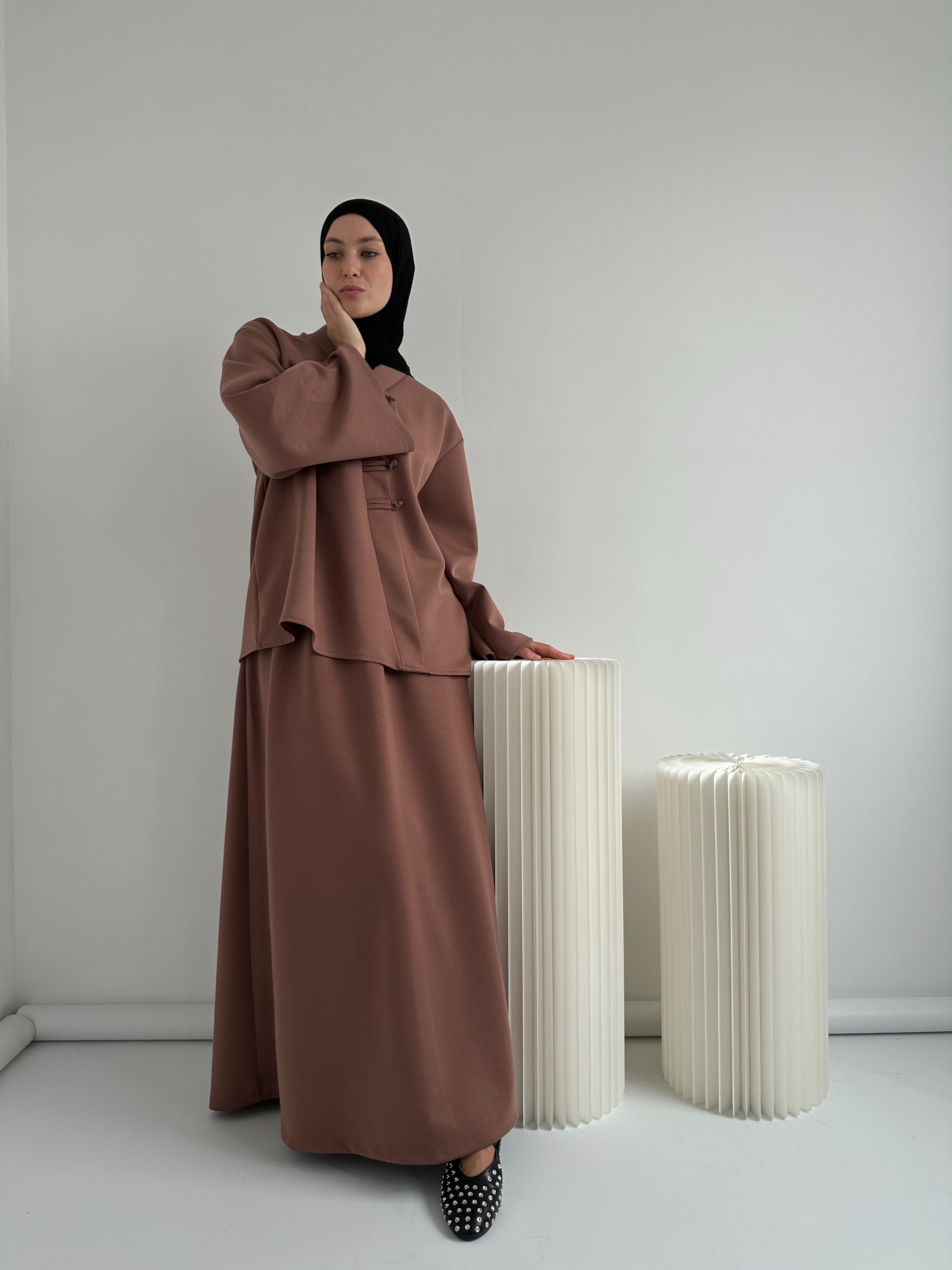 Ensemble Sakura vieux rose – jupe longue avec poches et blouse kimono élégante BANTIK