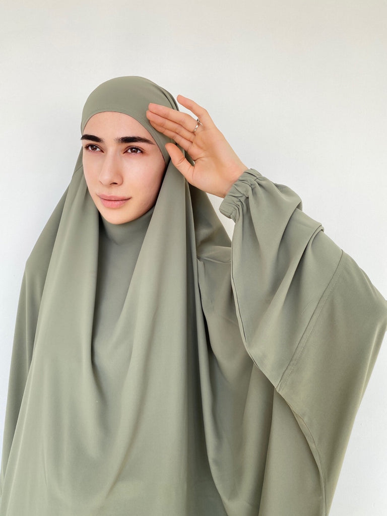 Jilbeb ou jilbab deux pièces, jilbab jupe et haut, jilbab à enfiler, jilbab khimar, jilbab couleur pistache
