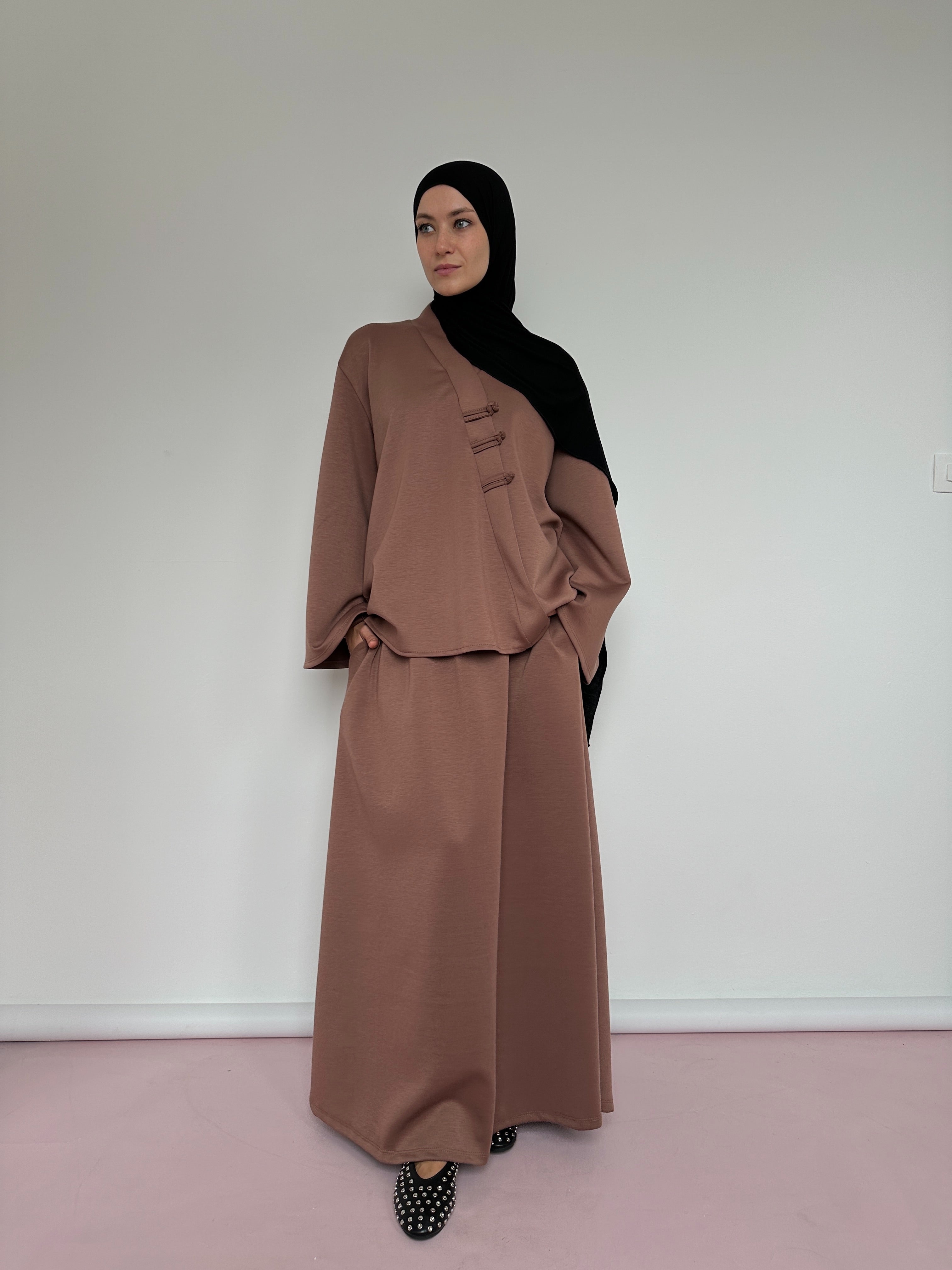 Ensemble Sakura vieux rose – jupe longue avec poches et blouse kimono élégante BANTIK