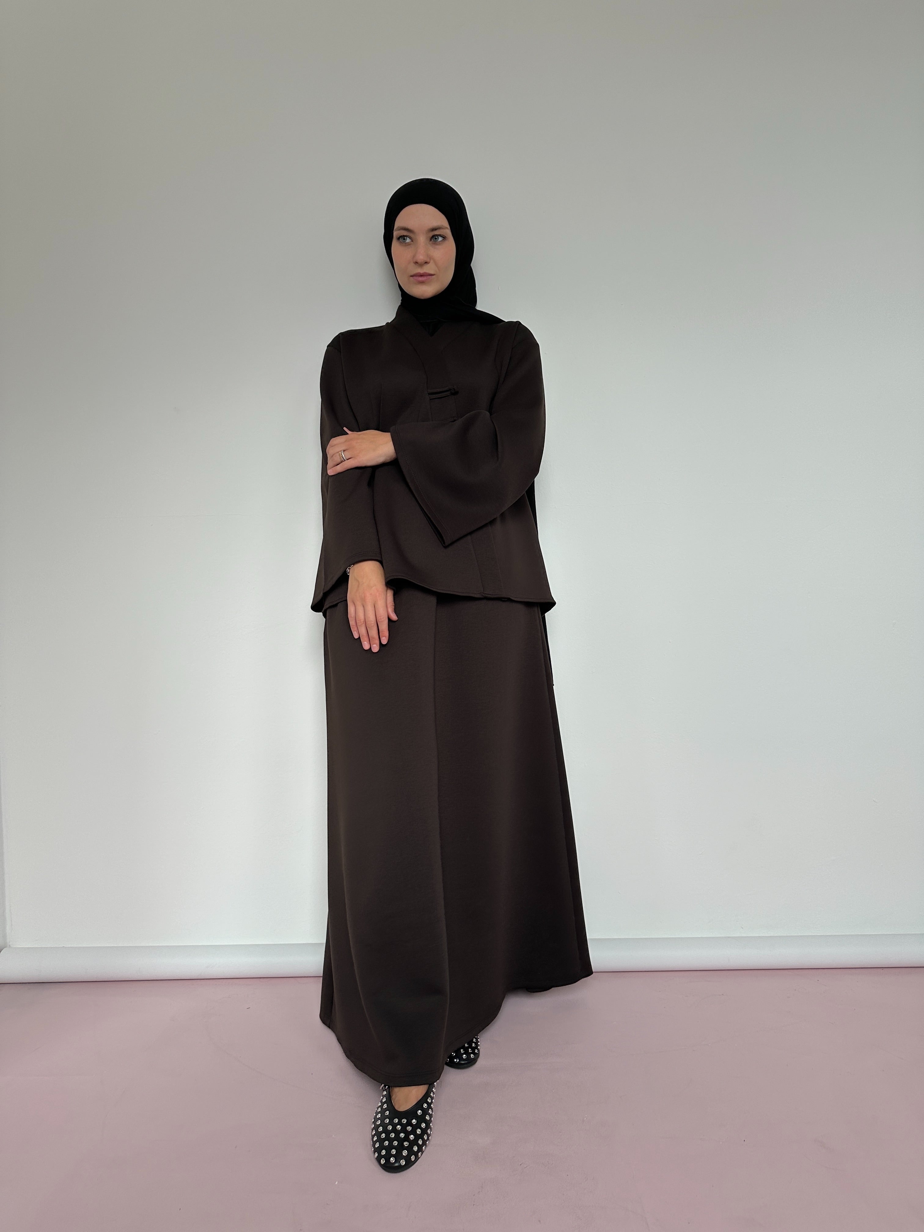 Ensemble Sakura  chocolat – jupe longue avec poches et blouse kimono élégante BANTIK