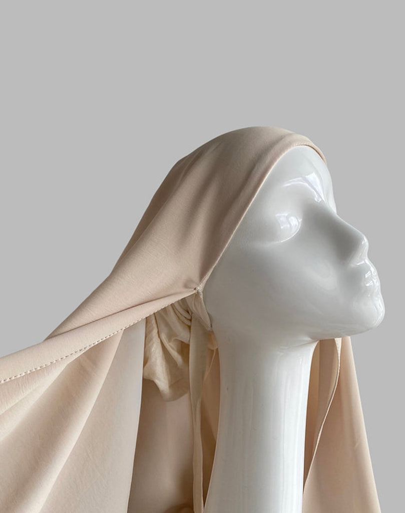 Hijab à enfiler, hijab qui s’enfile, hijab facile à porter, hijab avec bonnet caché, hijab jazz, beige